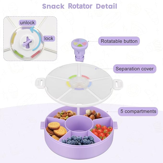 Snack Rotator Container Reusable Snack Box with 5 Compartment Dispenser and Lid, Color Matching Opening Lid, BPA and PVC Free, for Home, School, Travel (2 Pack- Purple)