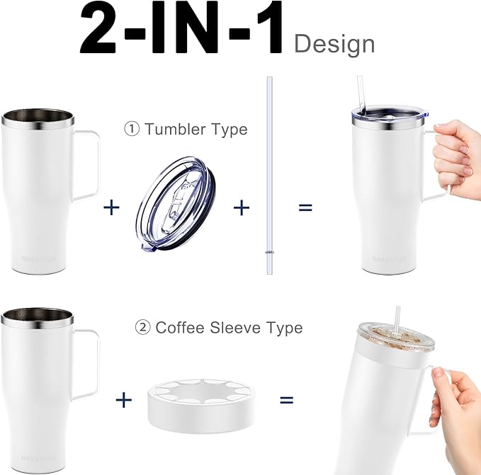 Universal Iced Coffee Sleeve with Handle - Insulated Double Wall Reusable Stainless Steel Holder Insulator for Cold Drinks Fits Small Medium Large To Go Cups Gifts for Men Women Him Her (White)