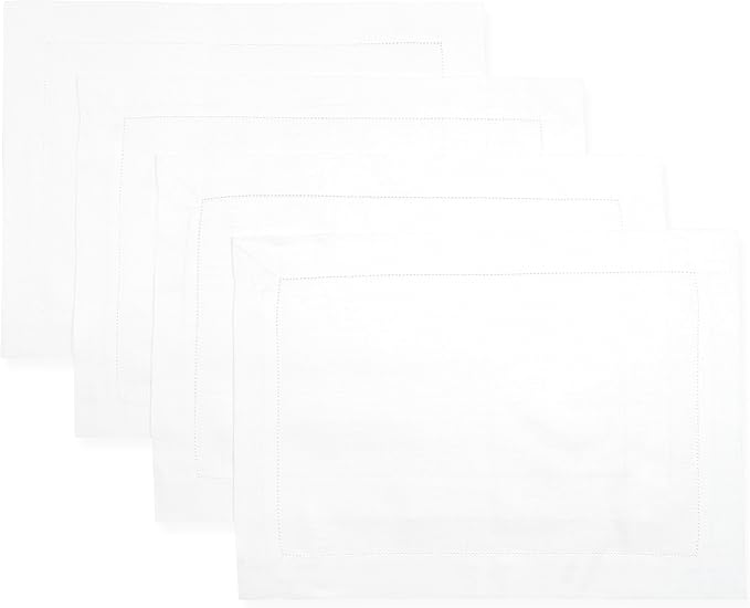 D'Moksha Homes White Linen Placemats Set of 4 - Classic Hemstitch Placemats 14 x 19 Inch - 100% Pure Linen Table Mats for Winter, Christmas, Holiday - Handcrafted and Machine Washable