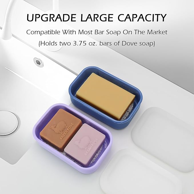 Enhanced Leakproof Travel Soap Case,Shatter-Proof & Slip-Resistant Silicone Shampoo Bar Holder, Large Bar Soap Container with Draining Layer-Soap Saver Pad (Clear&Blue)
