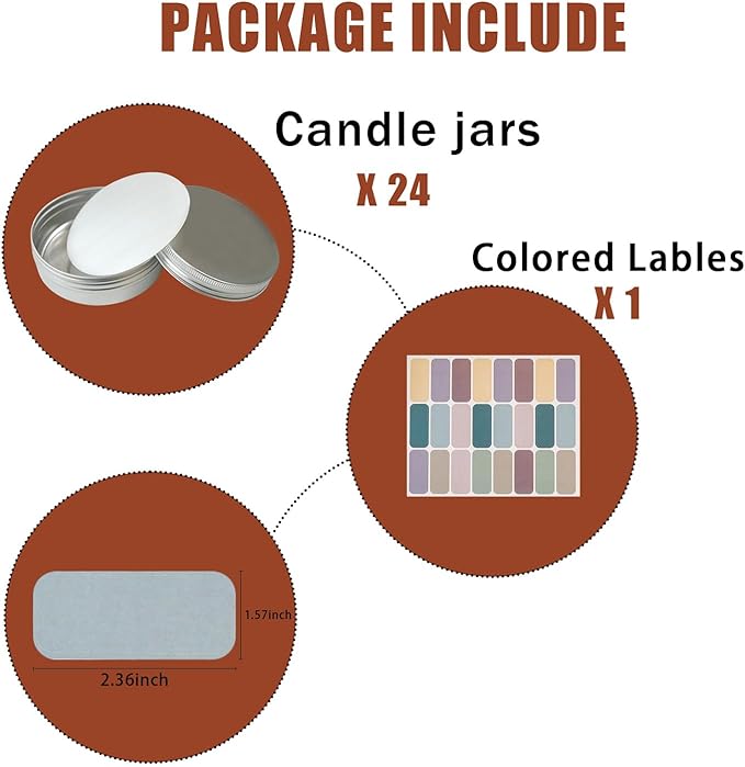 4 oz Tins with Lids, 24 Pack 4oz Tins Wide Mouth Aluminum Tin Cans, Durable Salve Containers Round Metal Tin with Lid and Labels for Spices, Candles or Salve(Silver)