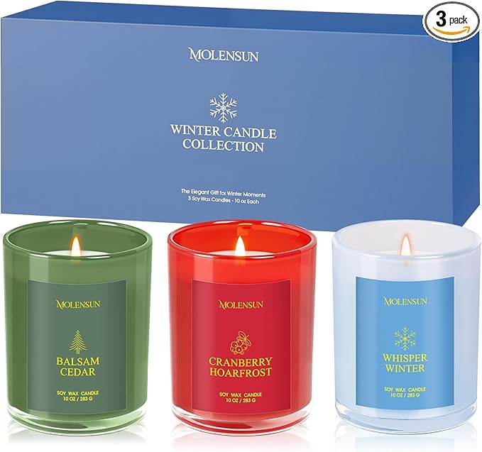 Winter Candles Gift Set, 3 Pack Total 30oz Soy Scented Candles – Balsam Cedar, Whisper Winter & Cranberry Hoarfrost – Luxury Gift Box, Christmas & Holiday Gifts for Women & Men, Non-Toxic Clean Burn