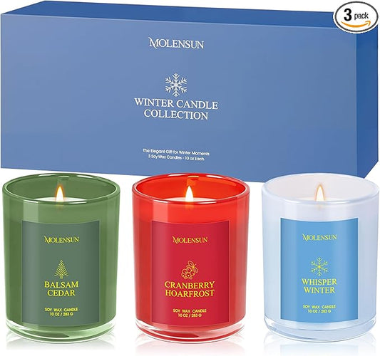 Winter Candles Gift Set, 3 Pack Total 30oz Soy Scented Candles – Balsam Cedar, Whisper Winter & Cranberry Hoarfrost – Luxury Gift Box, Christmas & Holiday Gifts for Women & Men, Non-Toxic Clean Burn