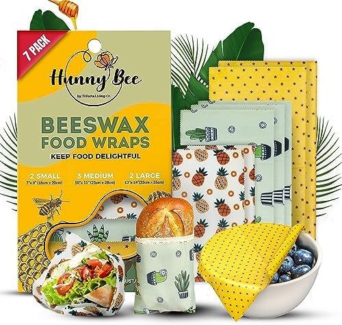 Trifecta Living Co. Versatile Beeswax Wraps,Set of 7-Fresh Food Keeper, Durable & Easily Cleaned, Sustainable Step Towards a Zero-Waste Kitchen, Unique Designs (Pineapple, Cactus, Star) by TrifectaLivingCo