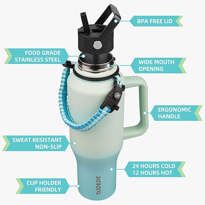 BJPKPK Insulated Water Bottles with Straw Lid, 40oz Metal Water Bottle with 2 lids & Paracord Strap, Double Wall Stainless Steel Tumbler with Handle, Reusable Cups, Mugs, Thermo, Mint