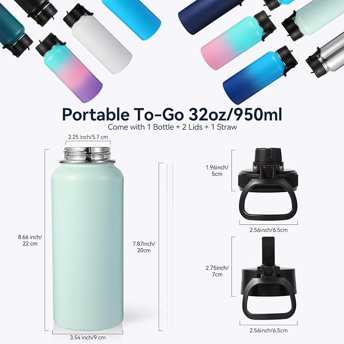 Neihepal 32 oz Insulated Water Bottles with 2 Lids (Straw & Spout Lid), 18/8 Stainless Steel Double Wall Water Bottle for Gym, Travel, Camping, Sports (Fog,2 Pack)