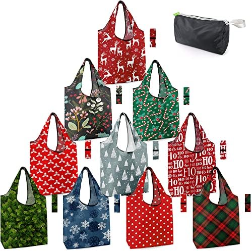 BeeGreen Christmas Reusable Grocery Bags 10 Pack Reusable Shopping Bags Bulk Christmas Gifts Tote Bags with Zipper Storage Pouch Elastic Band Foldable-Machine Washable by BeeGreen