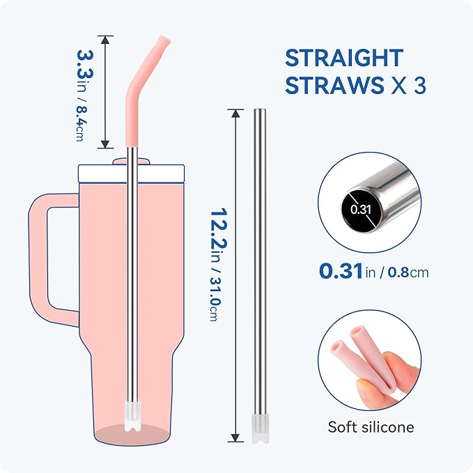Reusable Metal Straws with Silicone Tip for Stanley 40oz,Stainless Steel Drinking Straws for 40oz Tumbler,3 Straight Tubes & 6 Tips& 1 Cleanr Brush(Iris)