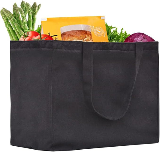 1 Pack Heavy Duty Reusable Canvas Grocery Bags, Holds 60 lbs, 8.3 gal, Multi-Purpose, Washable, Black with 5 Pockets