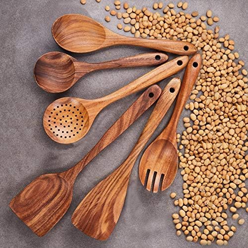 Wooden Kitchen Utensils Set,GUDAMAYE 6 PCE Wooden Spoons for Cooking,Wooden Cooking Utensils,Natural Teak Wooden Spoons For Non-stick Pan - Image 2