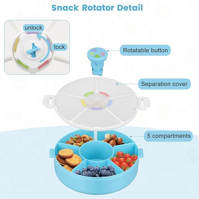 Snack Rotator Container Reusable Snack Box with 5 Compartment Dispenser and Lid, Color Matching Opening Lid, BPA and PVC Free, for Home, School, Travel (2 Pack- Blue)