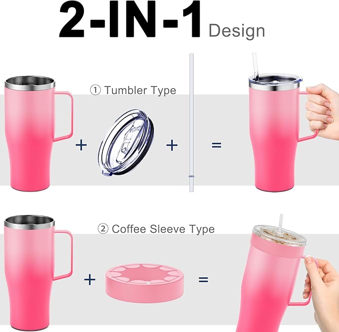 Universal Iced Coffee Sleeve with Handle - Insulated Double Wall Reusable Stainless Steel Holder Insulator for Cold Drinks Fits Small Medium Large To Go Cups Gifts for Men Women Him Her (Sakura)