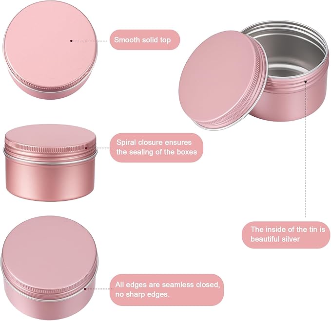 Patelai Rose Gold Christmas Aluminum Tin Cans 24 Pcs 4 oz Round Metal Tin Jar Containers Refillable Aluminum Storage Cans with Screw Lid and 10 Sheets Label Sticker for Salve Spice Candy Candle