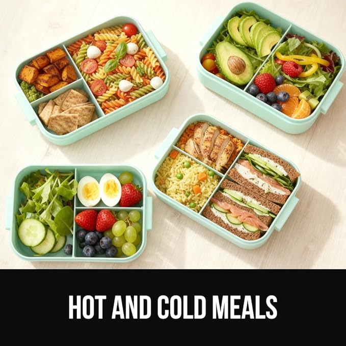 GORILLA GRIP BPA-Free Leakproof 3-Compartment Bento Lunch Box for Adults, Kids, Microwave Safe Hot and Cold Food Containers, Easy to Carry Lid Includes Built-In Utensils Set, Holds 5 Cups, Mint