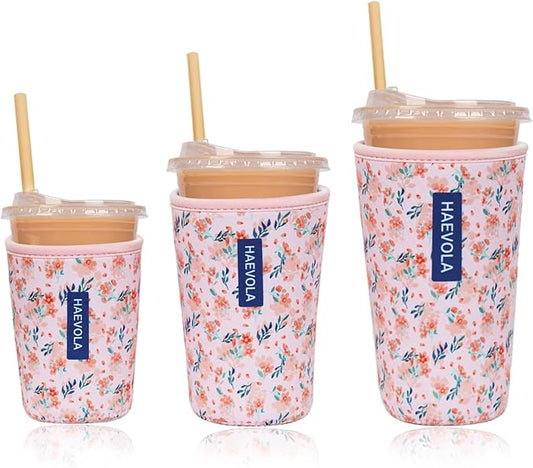 Reusable Insulated Neoprene Iced Coffee Cup Sleeve, Durable Drink Sleeve for Cold Beverages, Beverage Holder for Iced Coffee, Blush Ditsy