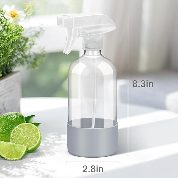 Glass Spray Bottles with Silicone Sleeve Protection, Empty 16 oz Refillable Containers, Reusable Spray Bottles with Adjustable Nozzle for Hair, Cleaning Solutions, Essential Oils 1 Pack Grey