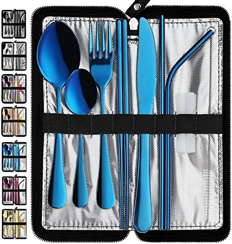 VANDBAO Portable Travel Utensils, Reusable Silverware with Case for Fixing Tableware, 9 Pieces Stainless Steel Stable Flatware Set, Camping Picnic Cutlery Set (Blue Set) by VANDBAO