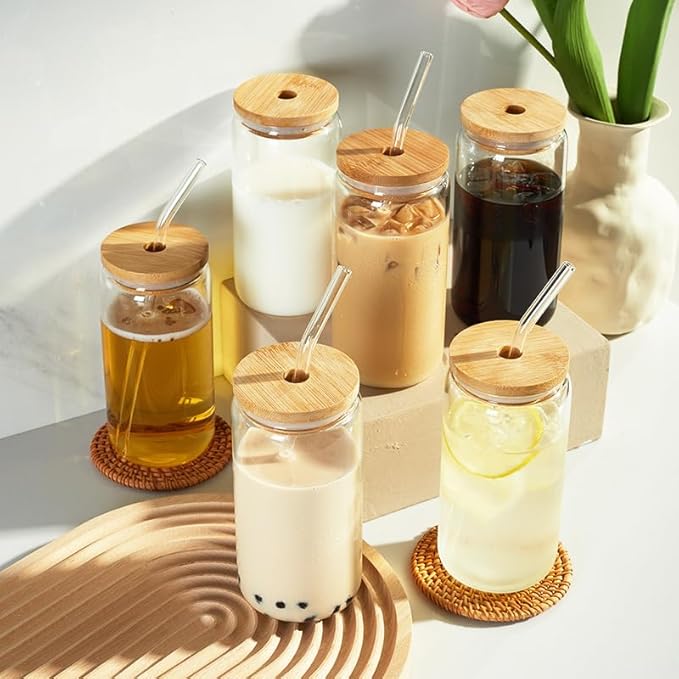 Castuvy Drinking Glasses with Bamboo Lids and Glass Straw, 16 Oz Glass Cups for Coffe, Beer, Cute Tumbler Cup for Soda Boba Tea Cocktail, coming 2 Cleaning Brushes, Pack of 6