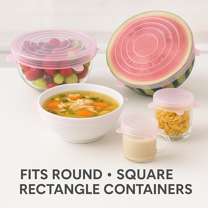 Silicone Stretch Lids Pink (6 Pack) Reusable Airtight Food Covers for Bowls, Containers & Fruits |Elastic BPA-Free Stretchable Lids | Microwave, Freezer & Dishwasher Safe | Plastic Wrap Alternative