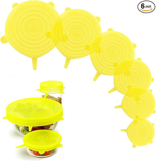 Silicone Stretch Lids – 6 Pack Reusable Food Covers,Flexible Silicone for Bowls, Containers, Fruits – Airtight & Leakproof Seal for Kitchen Storage(yellow)