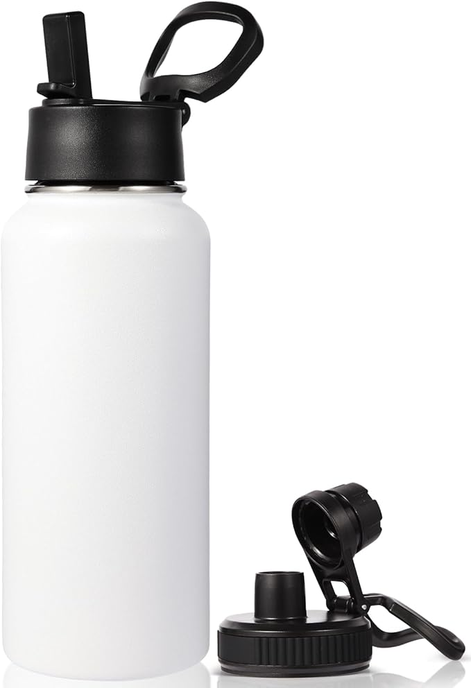 Neihepal 32 oz Insulated Water Bottle with 2 Lids (Straw & Spout Lid), 18/8 Stainless Steel Double Wall Water Bottles for Gym, Travel, Camping, Sports (White,1 Pack)