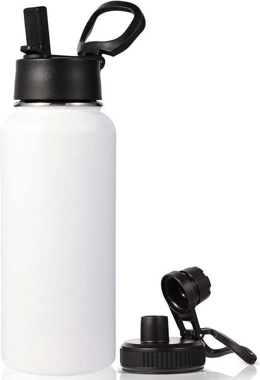 Neihepal 32 oz Insulated Water Bottle with 2 Lids (Straw & Spout Lid), 18/8 Stainless Steel Double Wall Water Bottles for Gym, Travel, Camping, Sports (White,1 Pack)