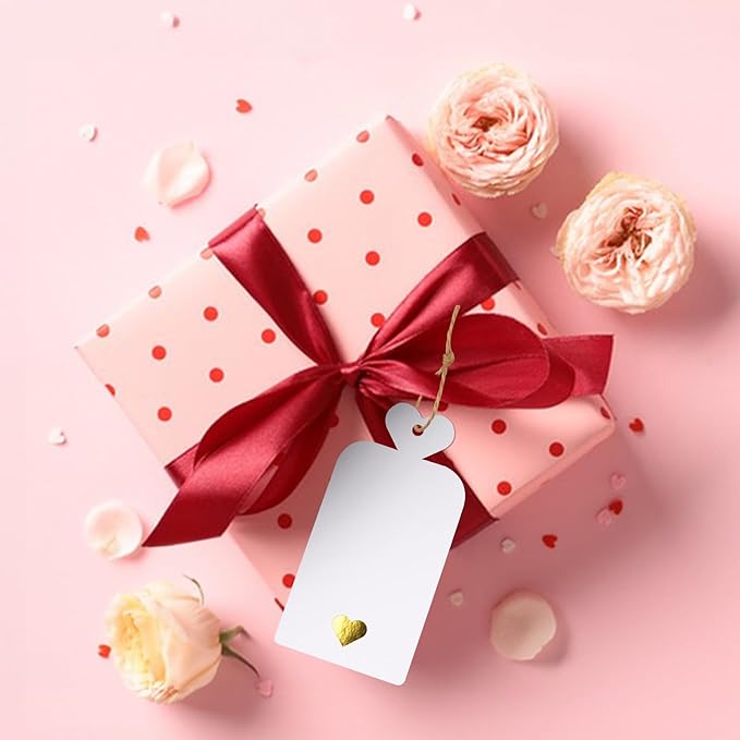 jijAcraft 100Pcs Blank Gift Tags with String, Gift Tags with Foil Gold Heart, 4x2Inch Large Hanging Tag, White Paper Labels for Party Favors, Cupcakes, DIY Crafts
