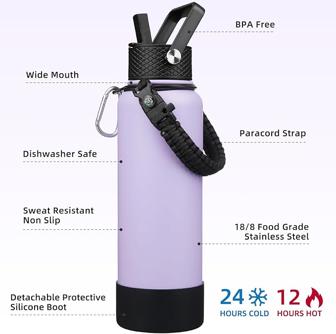 BJPKPK Insulated Water Bottle with Straw Lid, 40oz Large Thermal Flasks with 3 Lids, Paracord Handle & Non-slip Boot, BPA Free Leak Proof Stainless Steel Metal Water Bottles, Tumblers, Cups,Lavender