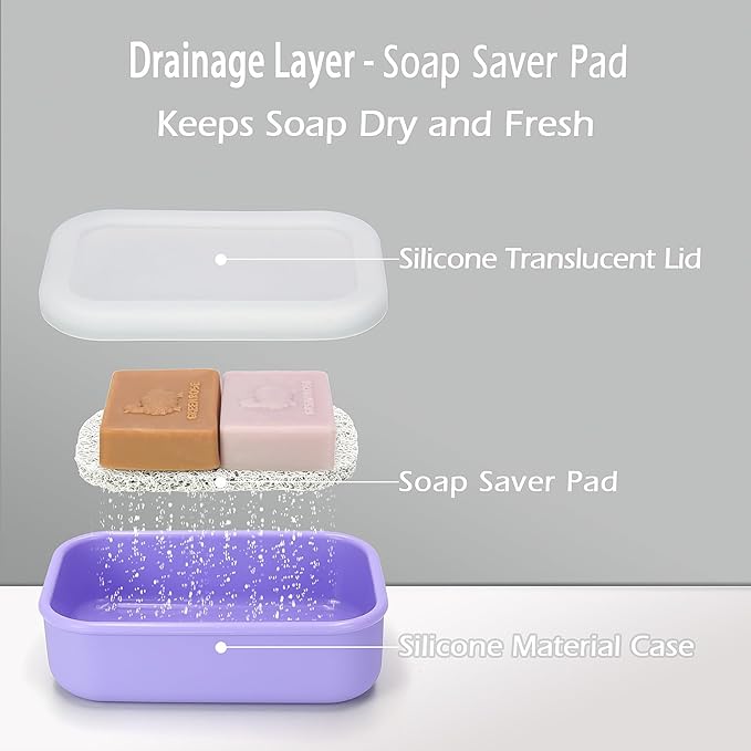 Enhanced Leakproof Silicone Travel Shampoo bar Holder, Shampoo and Conditioner Bar Container, Soap Box for Handmade Soap, Shatterproof Soap Holder for Save Soap (Clear&Violet)