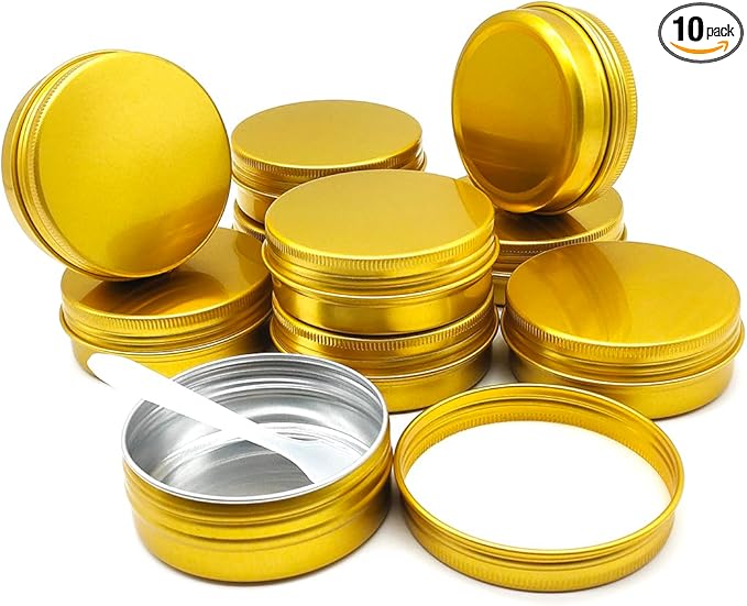 10pcs 60ml Round Lip Balm Tin Cans, 60 Gram Aluminum Tins Gold Cosmetic Sample Containers with Screw Lid, 60g Metal Empty Storage Travel Jars for Salves, Lip Balms, Face Cream, Candle, Tea