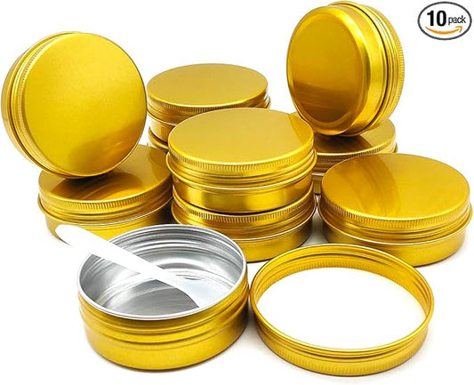 10pcs 60ml Round Lip Balm Tin Cans, 60 Gram Aluminum Tins Gold Cosmetic Sample Containers with Screw Lid, 60g Metal Empty Storage Travel Jars for Salves, Lip Balms, Face Cream, Candle, Tea