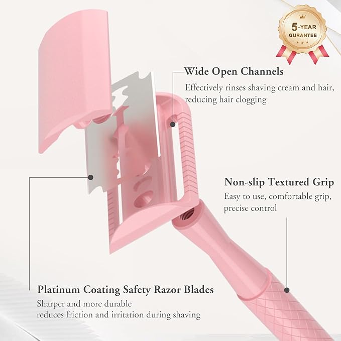 Cherry Pink Safety Razor - Single Blade Razors for Women - Reusable Metal Razor, with 5 Stainless Steel Double Edge Blades, Smooth Close Shave, Sustainable, Plastic Free