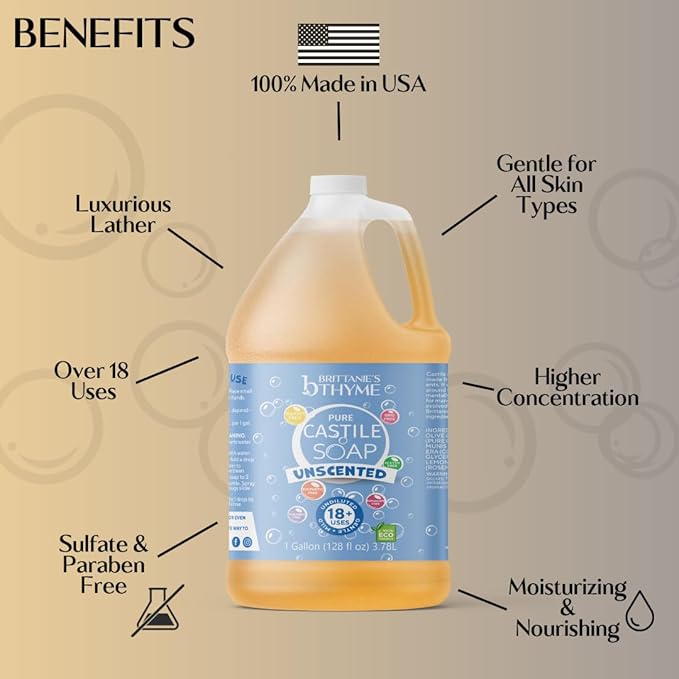 Brittanie's Pure Organic Castile Liquid Olive Oil Soap Refill, 1 Gallon Unscented | Face, Body Wash, All Purpose Cleaner, Dishes, Pets, Laundry | Vegan, Biodegradable, Made in USA