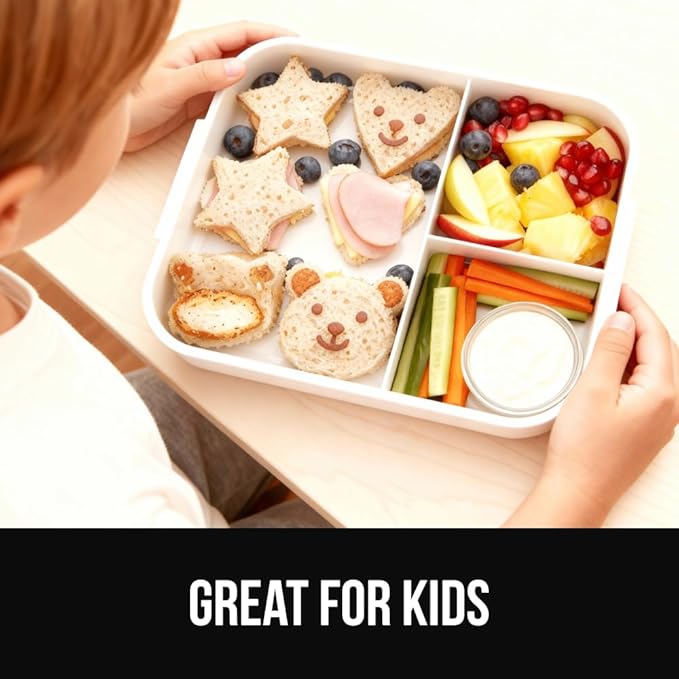 GORILLA GRIP BPA-Free Leakproof 3-Compartment Bento Lunch Box for Adults, Kids, Microwave Safe Hot and Cold Food Containers, Easy to Carry Lid Includes Built-In Utensils Set, Holds 5 Cups, White
