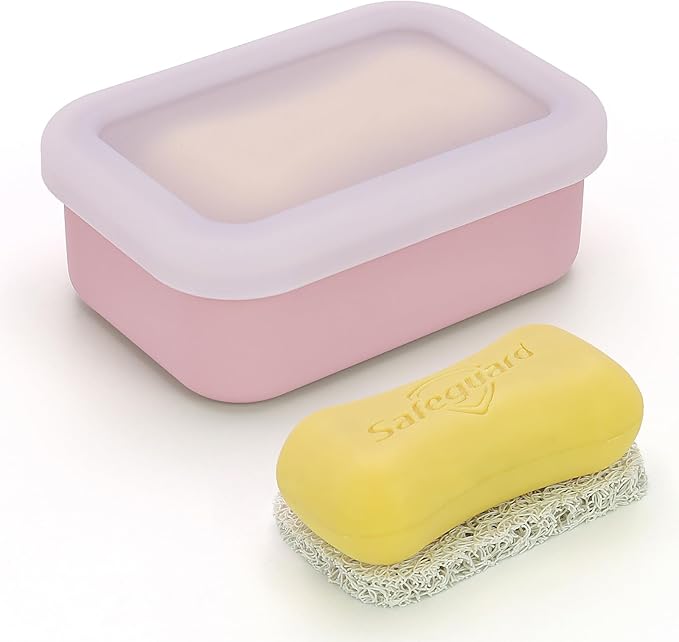 Silicone Bar Soap Travel Case,Compact Leak Proof Soap Dish with A See-Through Lid,Portable Soap Bar Holder for Traveling,Camping,Gym,Outdoor(Clear&Pink)