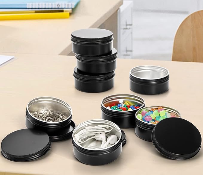 Foraineam 48 Pack 4 oz Metal Round Tins with Screw Lid, Black Aluminium Empty Candle Tins Storage Tin Jars, Cosmetic Sample Containers Travel Tin Cans for Salve, Cream, Spices or Candles