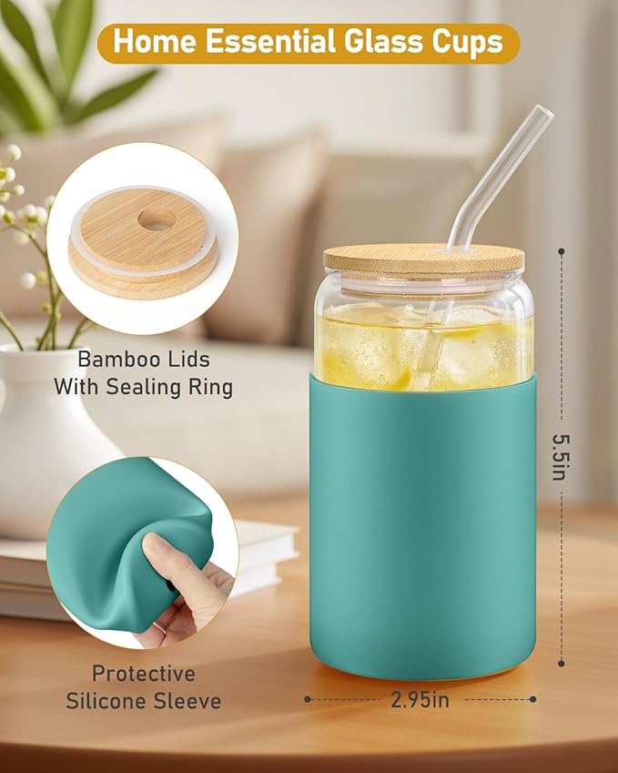 sungwoo Glass Cups with Lids and Straws, 4 Pack 16OZ Iced Coffee Cups with Silicone Sleeve, Glass Tumbler with Straw and Bamboo Lid, Home Essential Drinking Set for Juice, Cocktail and Tea White&Green