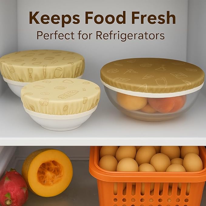 Beeswax Bowl Covers Set of 5 – Reusable Elastic Bowl Covers for Dough Proofing, Salad & Fruit Storage – Washable, Eco-Friendly Food Storage Alternative to Plastic Wrap
