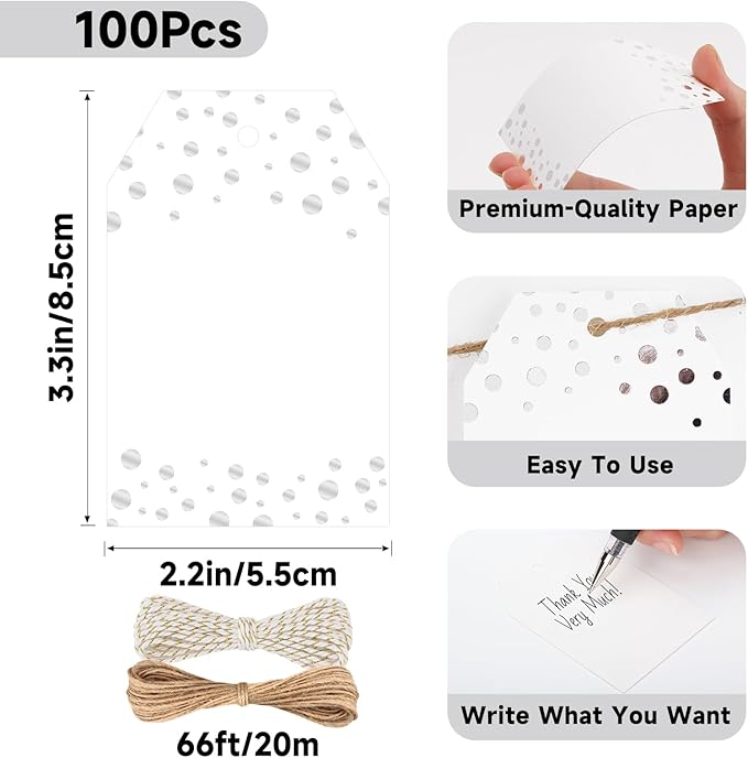 Anwyll Gift Tags with String - 100Pcs Silver Foil Confetti Polka Dot Gift Bag Tags Personalized White Blank Hanging Paper Label Tag for Birthday Party Bridal Shower Wedding Christmas Favors Present