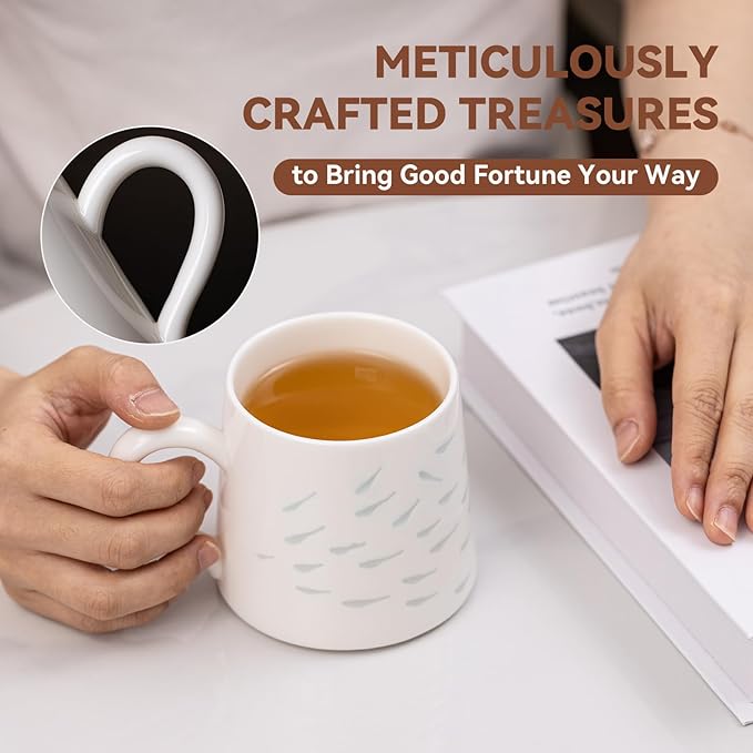 10.6oz Premium Jadeite Ceramic Coffee Mug, Handcrafted Fish Pattern Cute Ceramic Mug - 1340℃ High-Fire Lead-Free Mug for Morning Coffee/Afternoon Tea, Unique Gift | Microwave & Dishwasher Safe