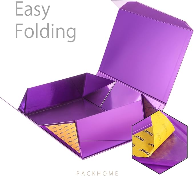 PACKHOME Large Gift Box with Lid 13.5x9x4.1 Inches, Sturdy Collapsible Gift Box with Magnetic Closure (Glossy Purple)