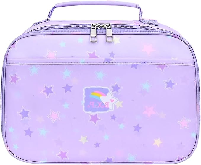 Lunch Box Kids, 11" L x 7" W x 3.5" H, Waterproof Reusable Insulated Lunch Bag for Girls, Cooler Bento Boxes Containers & Snacks for Elementary School Travel (Star Purple)