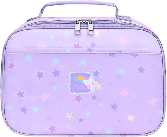 Lunch Box Kids, 11" L x 7" W x 3.5" H, Waterproof Reusable Insulated Lunch Bag for Girls, Cooler Bento Boxes Containers & Snacks for Elementary School Travel (Star Purple)