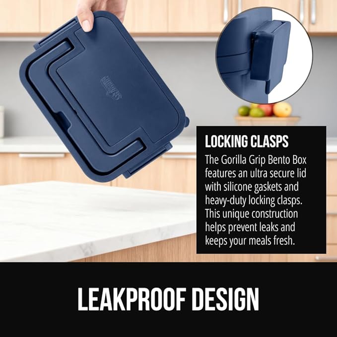 GORILLA GRIP BPA-Free Leakproof 3-Compartment Bento Lunch Box for Adults, Kids, Microwave Safe Hot and Cold Food Containers, Easy to Carry Lid Includes Built-In Utensils Set, Holds 5 Cups, Navy