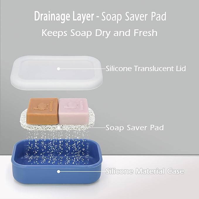 Enhanced Leakproof Travel Soap Case,Shatter-Proof & Slip-Resistant Silicone Shampoo Bar Holder, Large Bar Soap Container with Draining Layer-Soap Saver Pad (Clear&Blue)