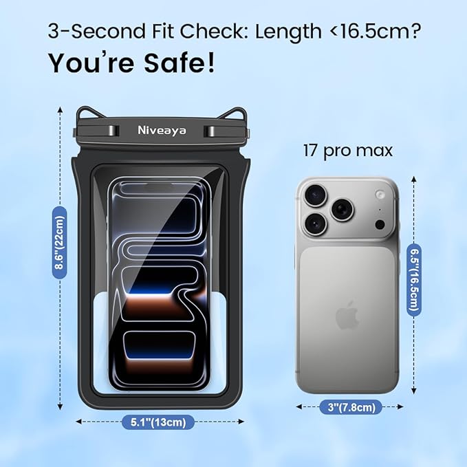 Niveaya Double Space Waterproof Phone Pouch (2-Pack) - IPX8 Phone Case Dry Bag for Beach, Kayak, Cruise Travel Essentials - Compatible with iPhone 17/16/15/14 Pro Max Galaxy S25/S24 Ultra (up to 8.3")