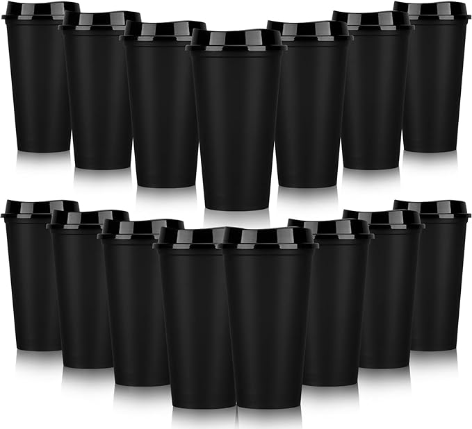 Domensi 15 Pack Reusable Coffee Cups with Lids 16 oz Disposable Travel Cups Bulk Plastic to Go Coffee Tumblers for DIY Hot Cold Drink Party Favors Coworker, Microwaveable (Black)