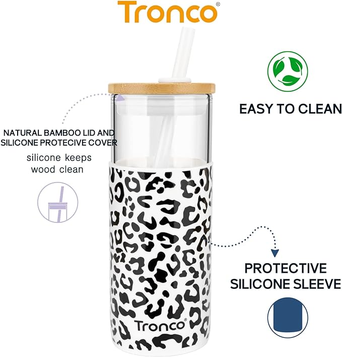 Tronco 20 oz Glass Tumbler with Lid and Straw, Iced Coffee Cup and Smoothie Cup with Bamboo Lids & Protective Silicone Sleeve, Dishwasher Safe, BPA-Free, Glass Cup 1 Pack