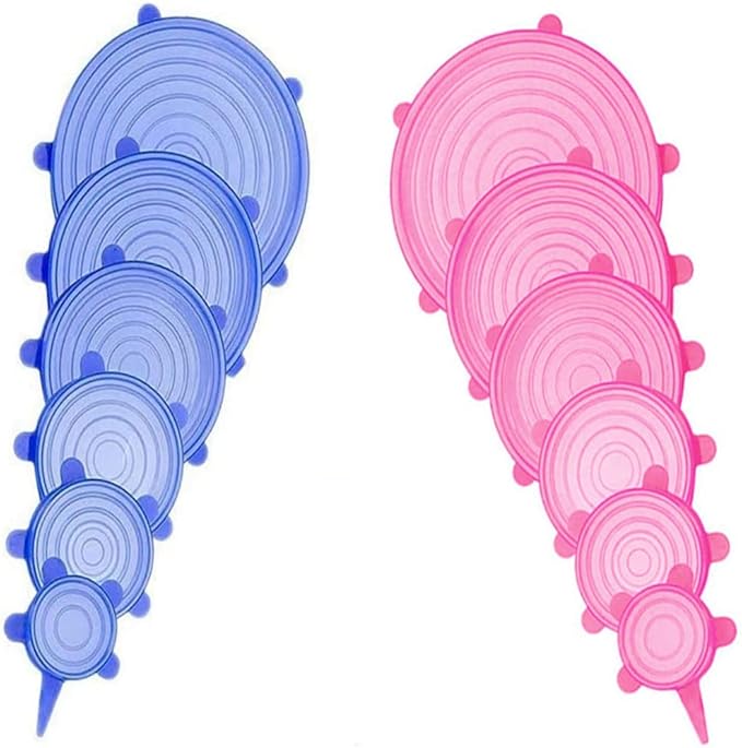 12 pcs Silicone Stretch lids set, 6 Sizes, Reusable Food Storage Covers ，Silicone Bowl Covers，Flexible to Fit All Shape of Containers， Food Cover to Keep Food Fresh (blue,pink)