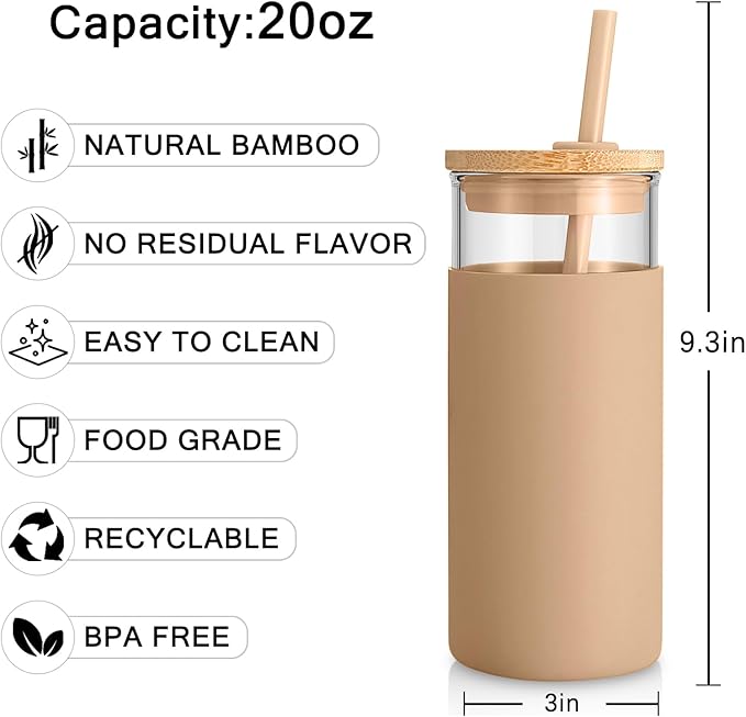Tronco 20 oz Glass Tumbler with Lid and Straw, Iced Coffee Cup and Smoothie Cup with Bamboo Lids & Protective Silicone Sleeve, Dishwasher Safe, BPA-Free, Glass Cup 2 Pack